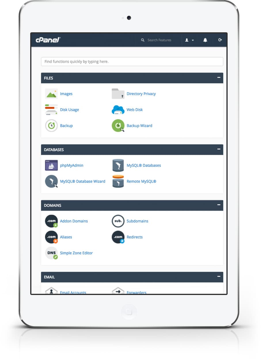 cPanel arayüzü tablet üzerinde